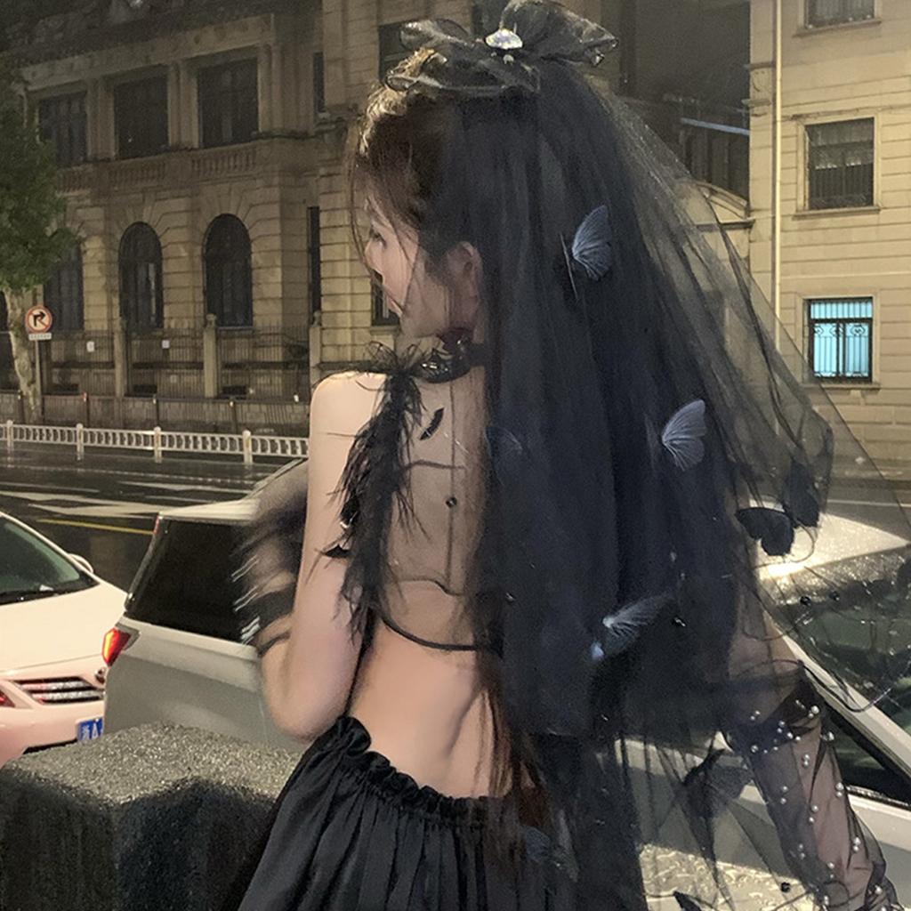 Glowing Lace Veil Butterfly Party Cosplay Ghosted Bride Headwear Accessories Black / White Veil with Butterfly Bows