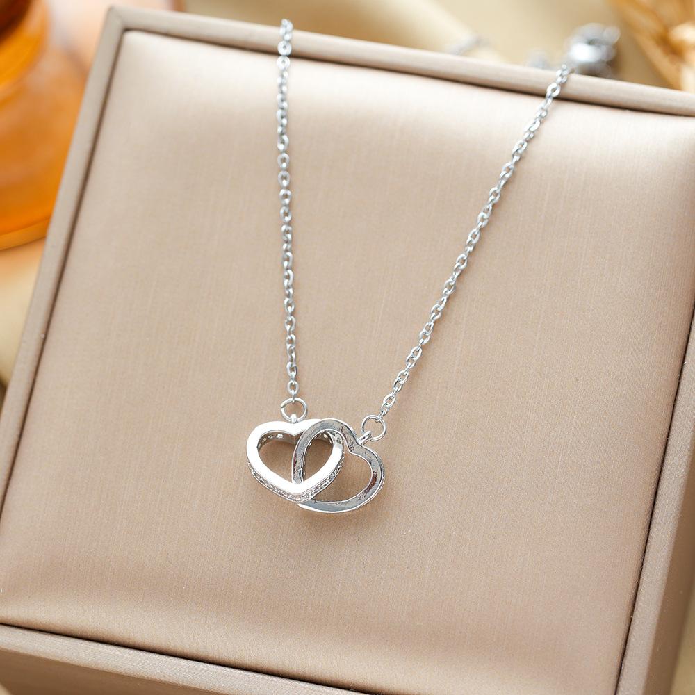 Fashion Light Luxury Micro-Set Heart Double Loop Titanium Steel Pendant Necklace Fresh Collarbone Chain
