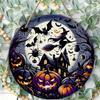 Spooky witch pumpkin haunted house Round Wooden Hanging Plaque wall art home decor porch front door sign Halloween party ornament supplies