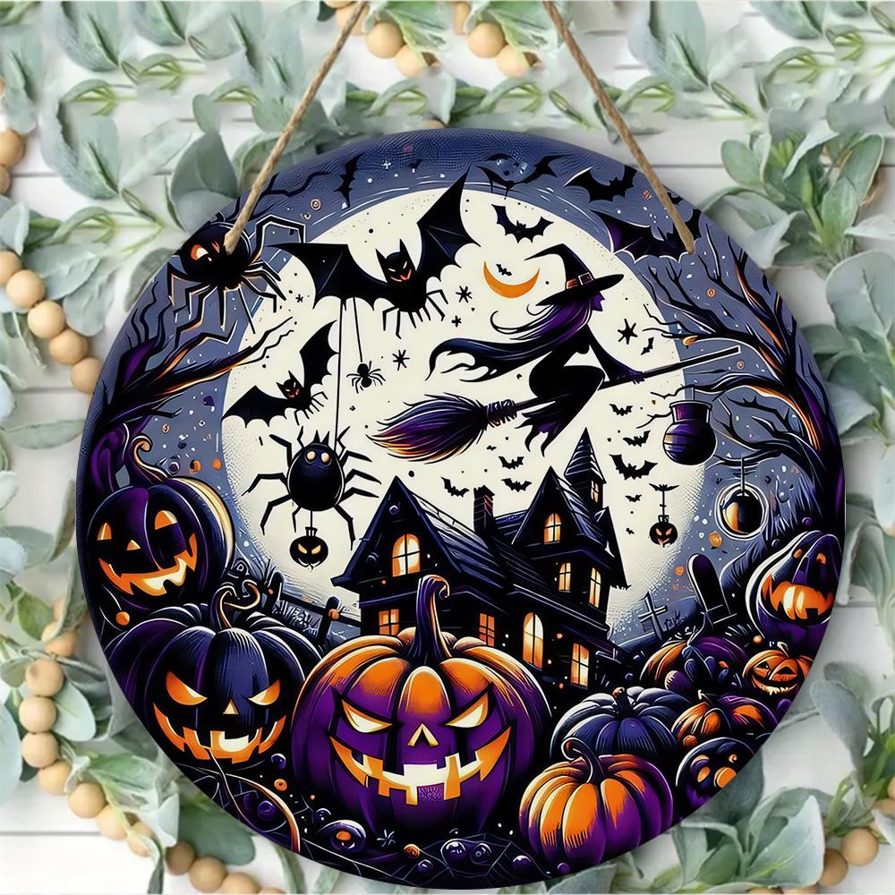 Spooky witch pumpkin haunted house Round Wooden Hanging Plaque wall art home decor porch front door sign Halloween party ornament supplies