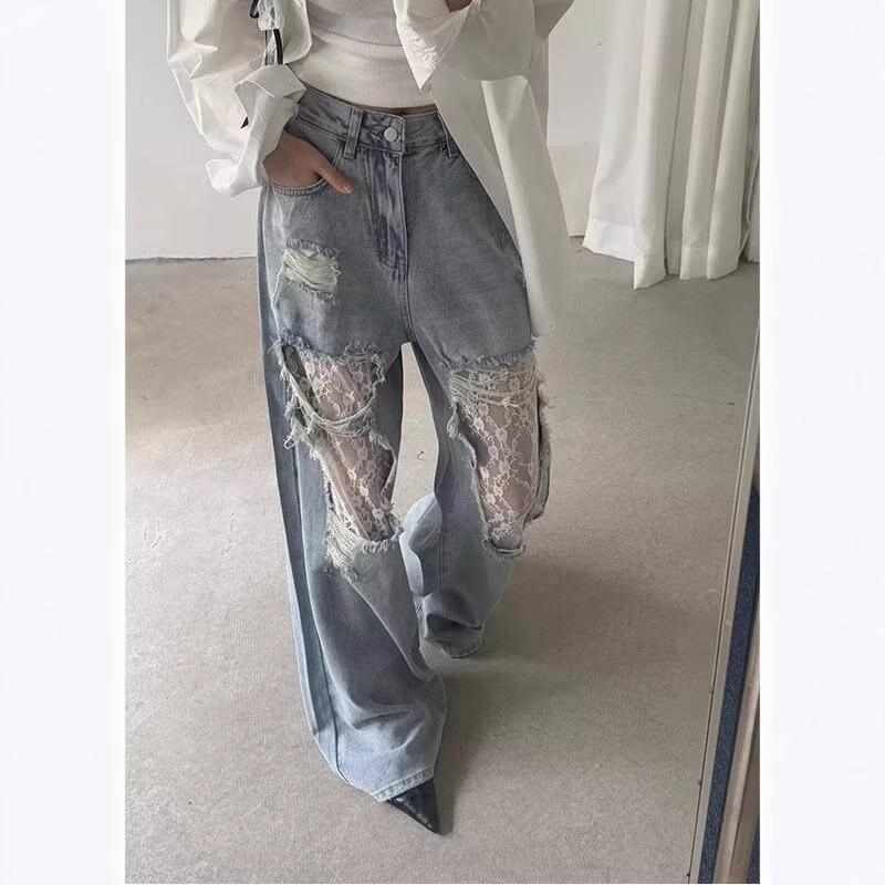 Women's Retro Patchwork Ripped Jeans - Spring/Summer 2025 Wide-Leg Style