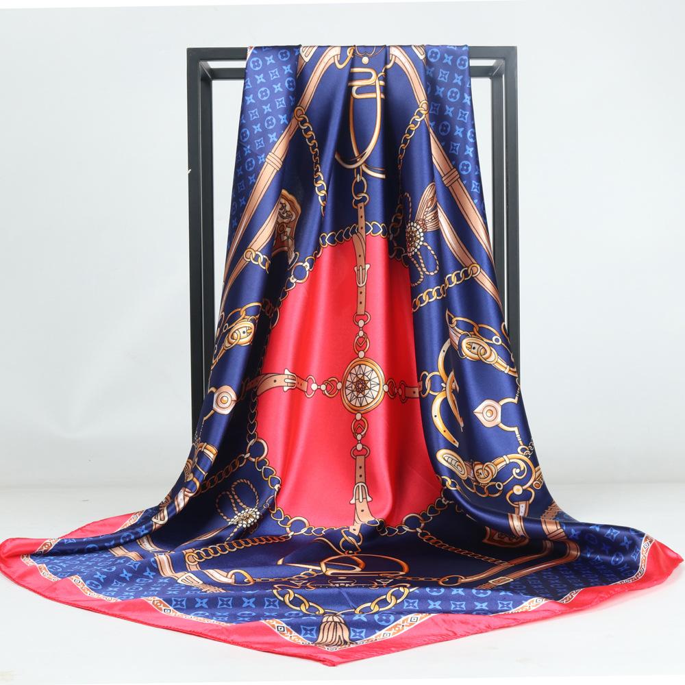 

Высококачественные роскошные шелковые шарфы, повязка на голову, шарфы, шейный шарф для женщин, шелковый шарф с цепочкой, женская декоративная шаль 90*90cm сапфировый