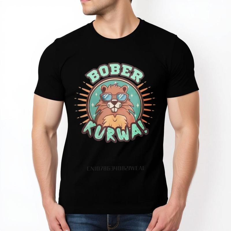 Men's Funny Bober Kurwa Print Graphic Cotton T-Shirt Casual Unisex Streetwear Summer Tee Round