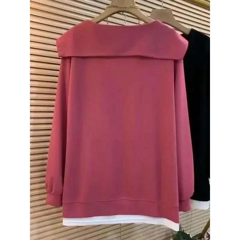 Plus Size Women Fake Two Piece Long Sleeve T Shirt Loose Fit Casual Top
