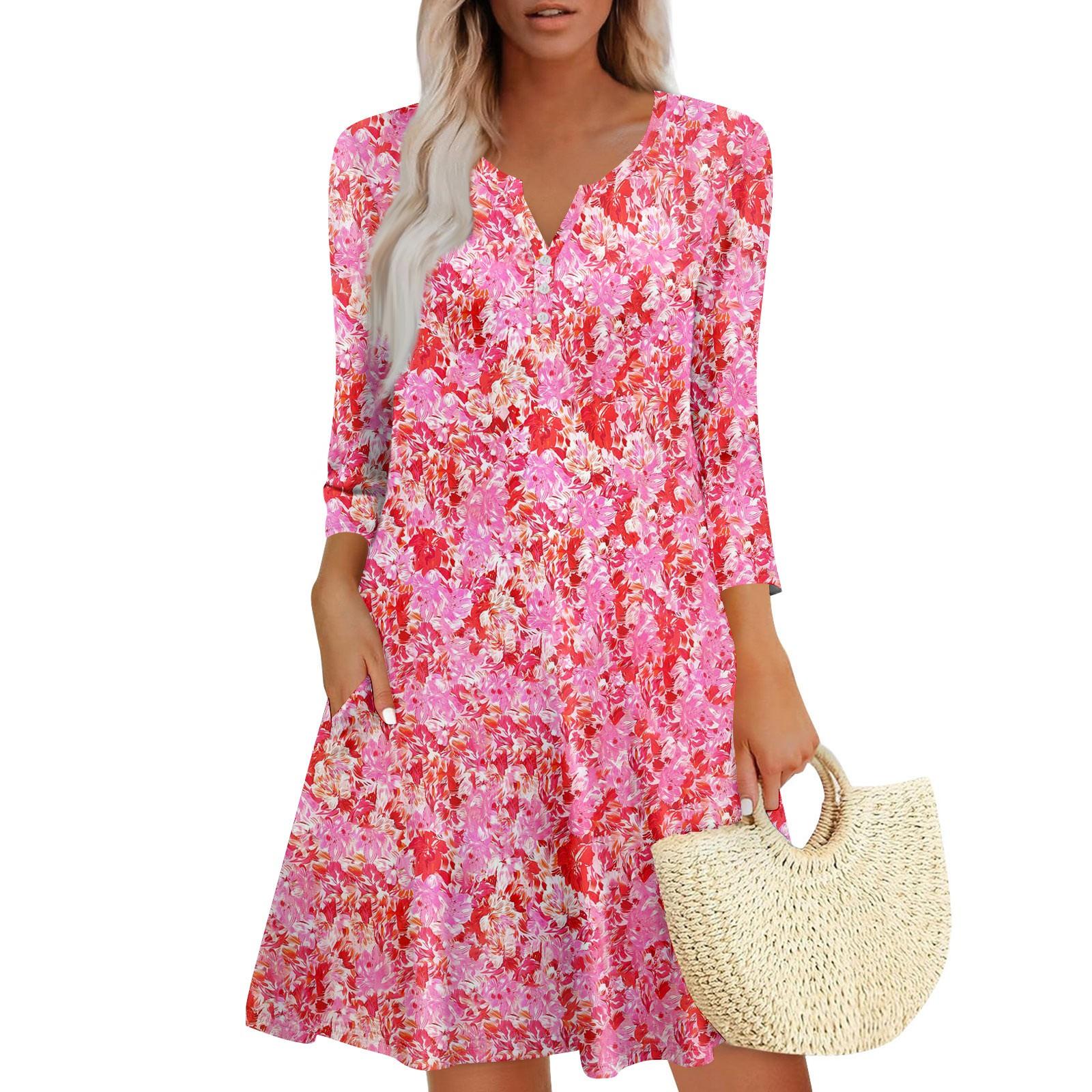 

Женское летнее платье, свободное платье с V-образным вырезом, рукавом три четверти и карманами L розовый