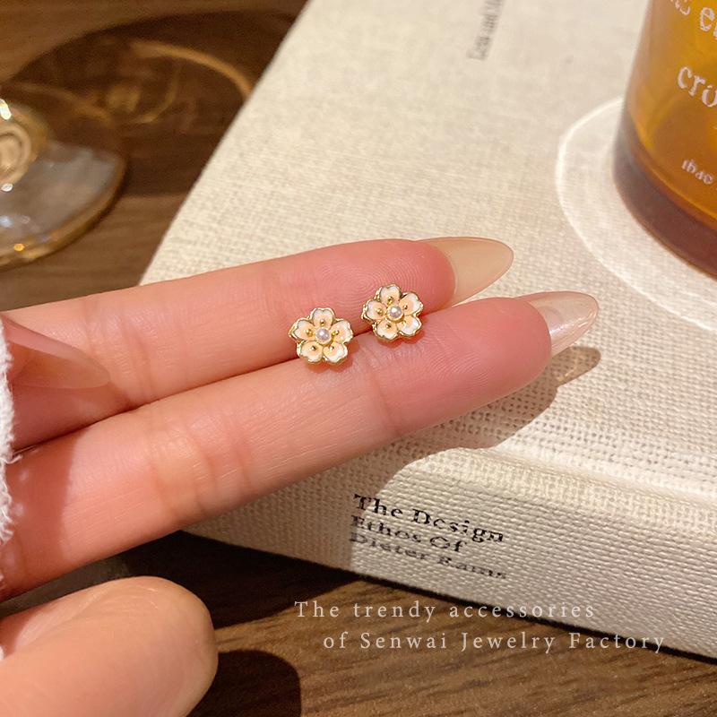 ins wind small cherry blossom pearl stud earrings female mini versatile temperament fairy earrings Mori small fresh ears
