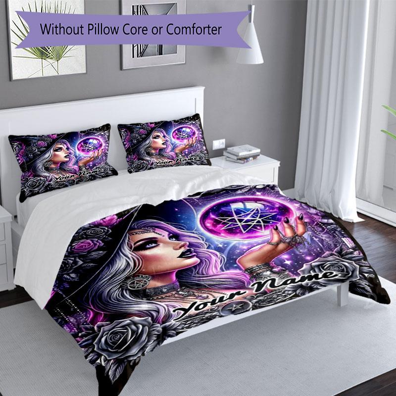 3PC Custom Name Witchcraft Magic Bedding Set Printed Bedding Set Duvet Cover Closure Includes 1 Duvet Cover & 2 Pillowcases for All Seasons Bedroom