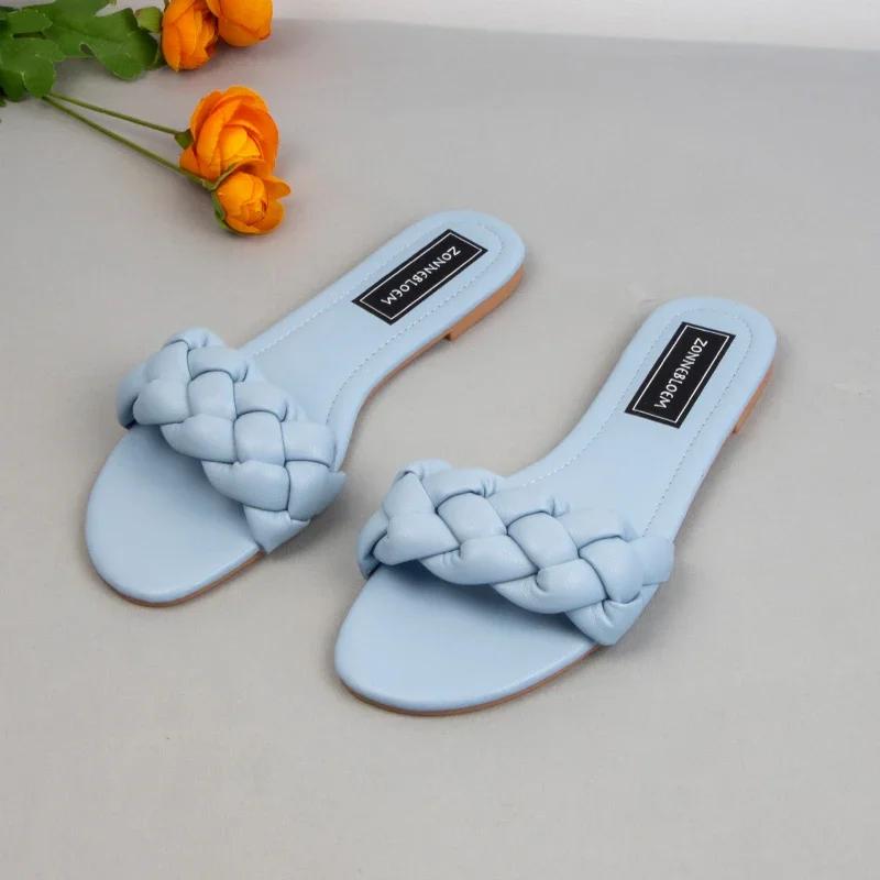 Fashion New Designer Fashion Summer Sandals Women Flat Bottom Ladies PU Leather Slides Weave Slip on Sandal Woman Outside Beach Shoes