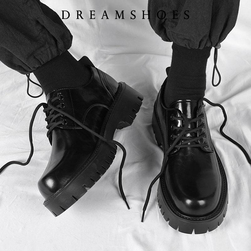 Korea Leather Platform Oxfords Slip On Thick Tottom For Male Derby Shoes Casual Loafers Mens Square Toe Formal Dress Shoes