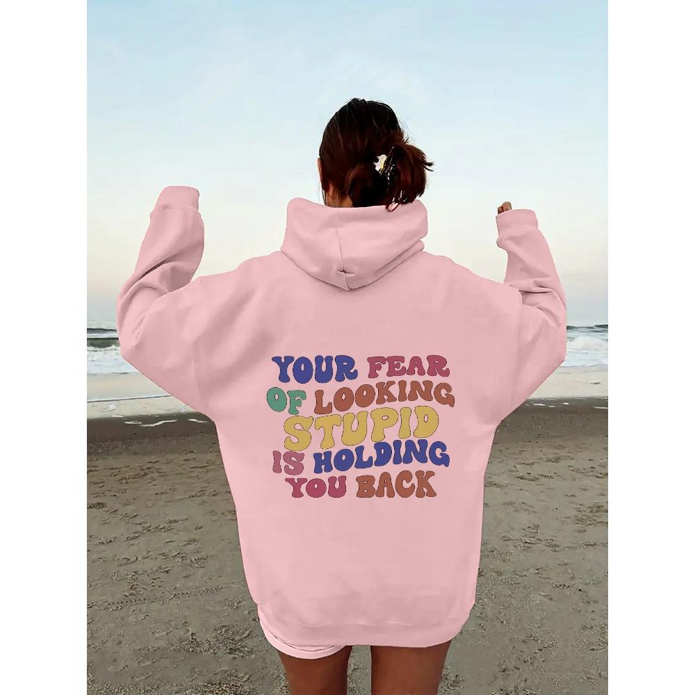 Women'S Shoulder Sleeve Fleece Sweater Plain Letter Print Kangaroo Pocket Drawstring Print Hoodie Clothing