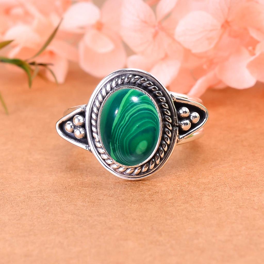 Malachite Designer Handmade Oxidised 925 Sterling Silver Ring V2925, Green Ring, Oval Ring, Valentin's Day Gift, Gift For Her, Birthday Gift, Handmade