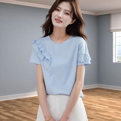 Women's Ruffle Lace Trim Short Sleeve T-Shirt Crew Neck Pearl Decor Casual Summer Top Light Blue Cotton Tee