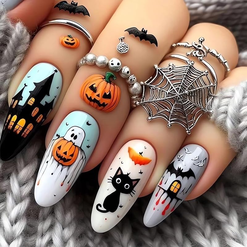 Halloween Press on Nails Medium Fake Nails Almond Shape Halloween False Nail Tips with Pumpkin Star Moon Designs Cute Stick on Nails Glossy Halloween