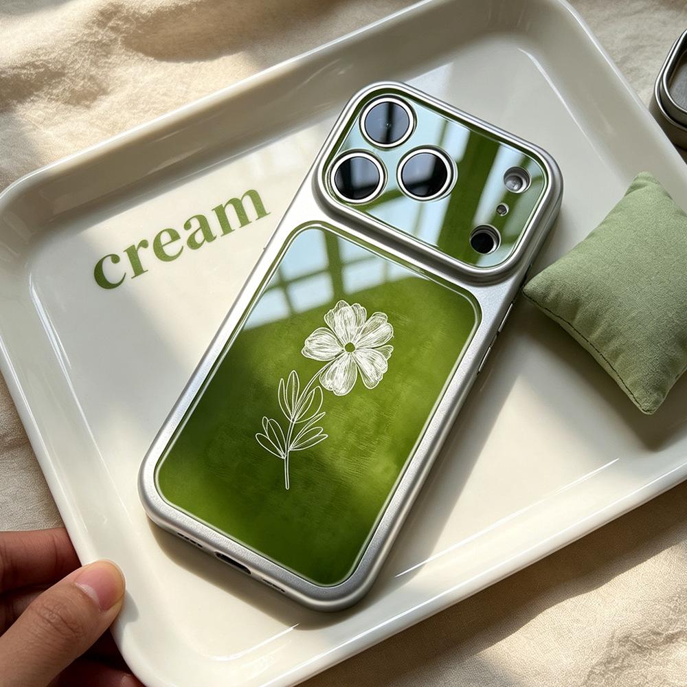 Green bottom line flower is suitable for iPhone16/17Promax mobile phone case, niche high-end Apple 17 case.