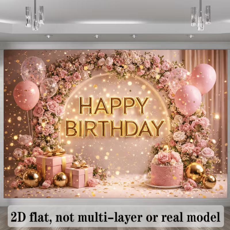 2D Rose Gold Floral Birthday Backdrop Pink Arch & Balloons Background for All Ages