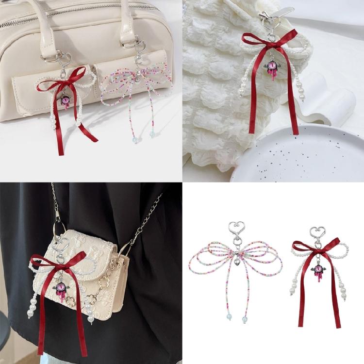Sweet Ribbon Bowknot Pearls Keychain Charm Fashionable Key Accessory Cuteness Bag Charm Suitable for Keys and Bags