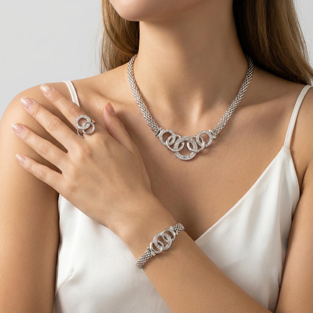 Luxury Rhinestone Interlocking Circle Jewelry Set for Women Trendy Gold Color Crystal Necklace Earrings Bracelet Ring Set Gifts