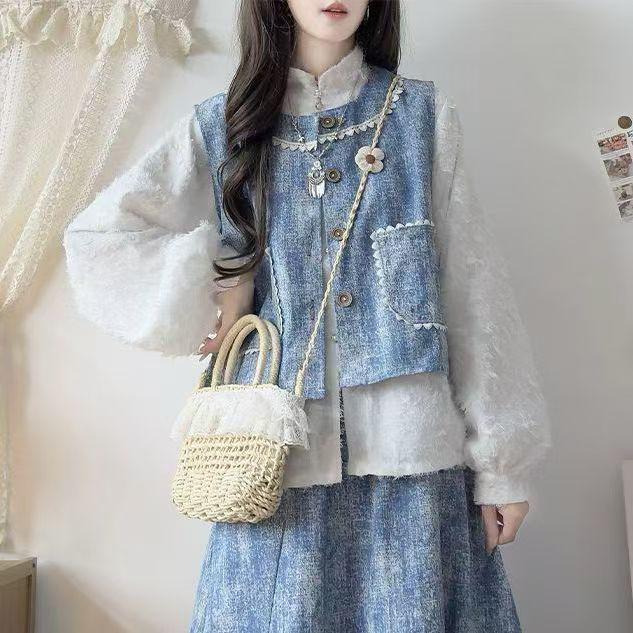 Ensemble jupe et gilet en jean bleu pour femme Printemps/Automne 2026 - Design trois pièces