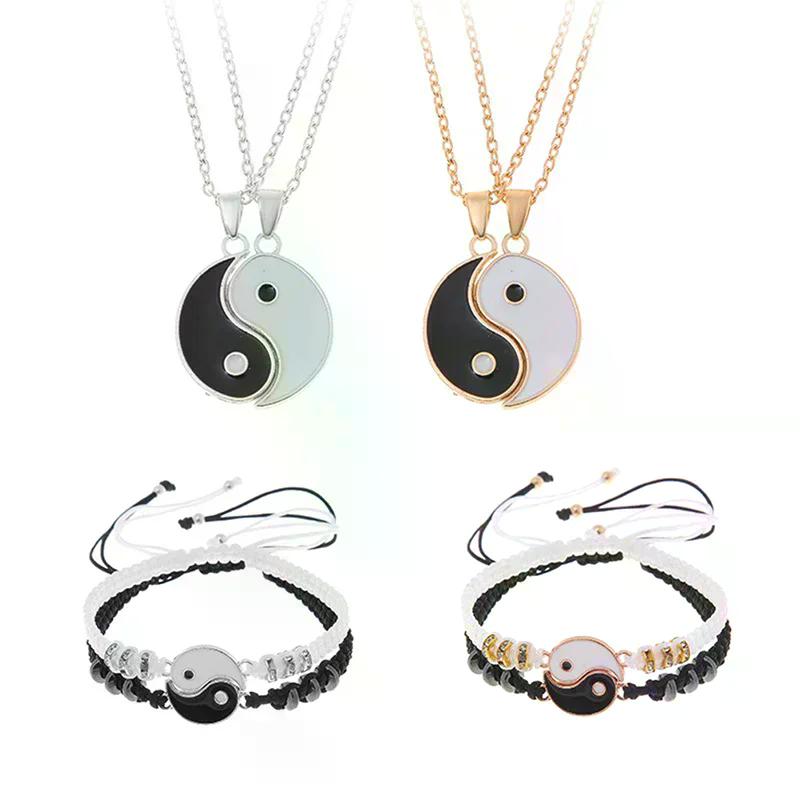 2 bucăți Tai Chi Yin Yang cuplu brățări coliere set pandantiv ajustabil împletitură lant brățară asortat brățări iubit choker