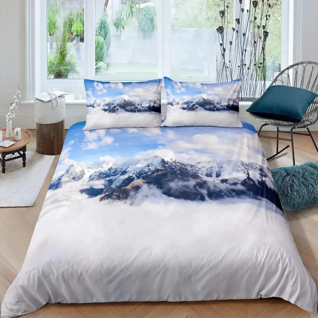 Dumanlı Dağ Nevresim Takımı Çam Ağaçları Yorgan Kılıfı Erkek Çocuk Manzara Yorgan Kılıfı Doğal Manzara Sanat Polyester Yatak Takımı