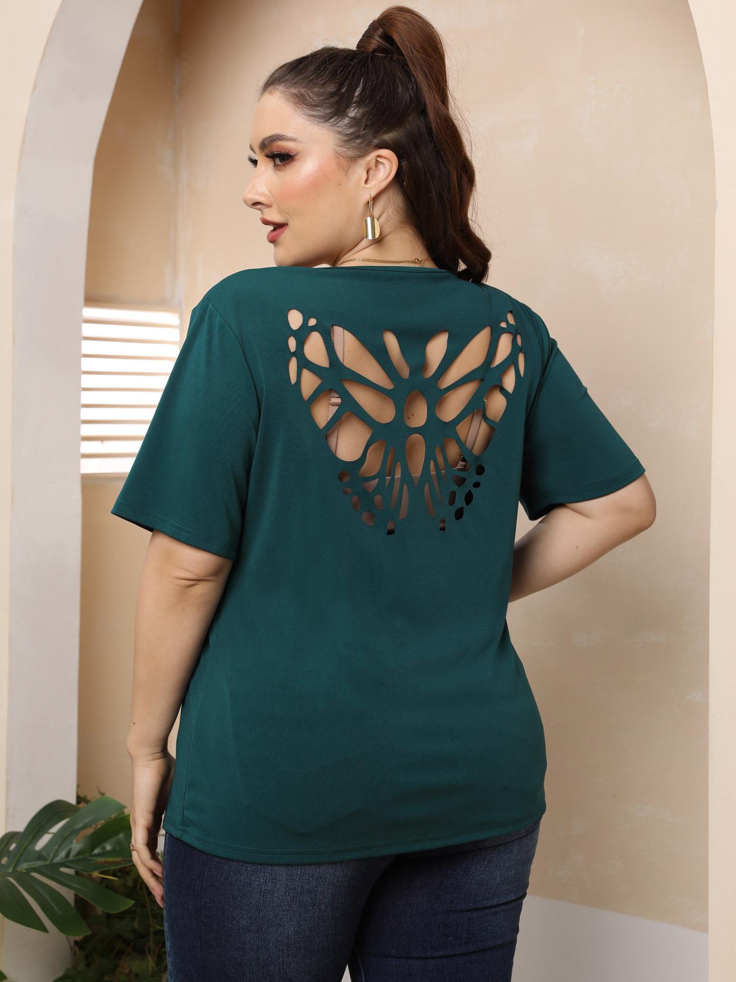 

Однотонні футболки великих розмірів Жіночий літній одяг Жіночі футболки великого розміру Футболки з вирізаними метеликами Жіночі повсякденні футболки Топи Фабричний продаж 4XL темно-зелений колір