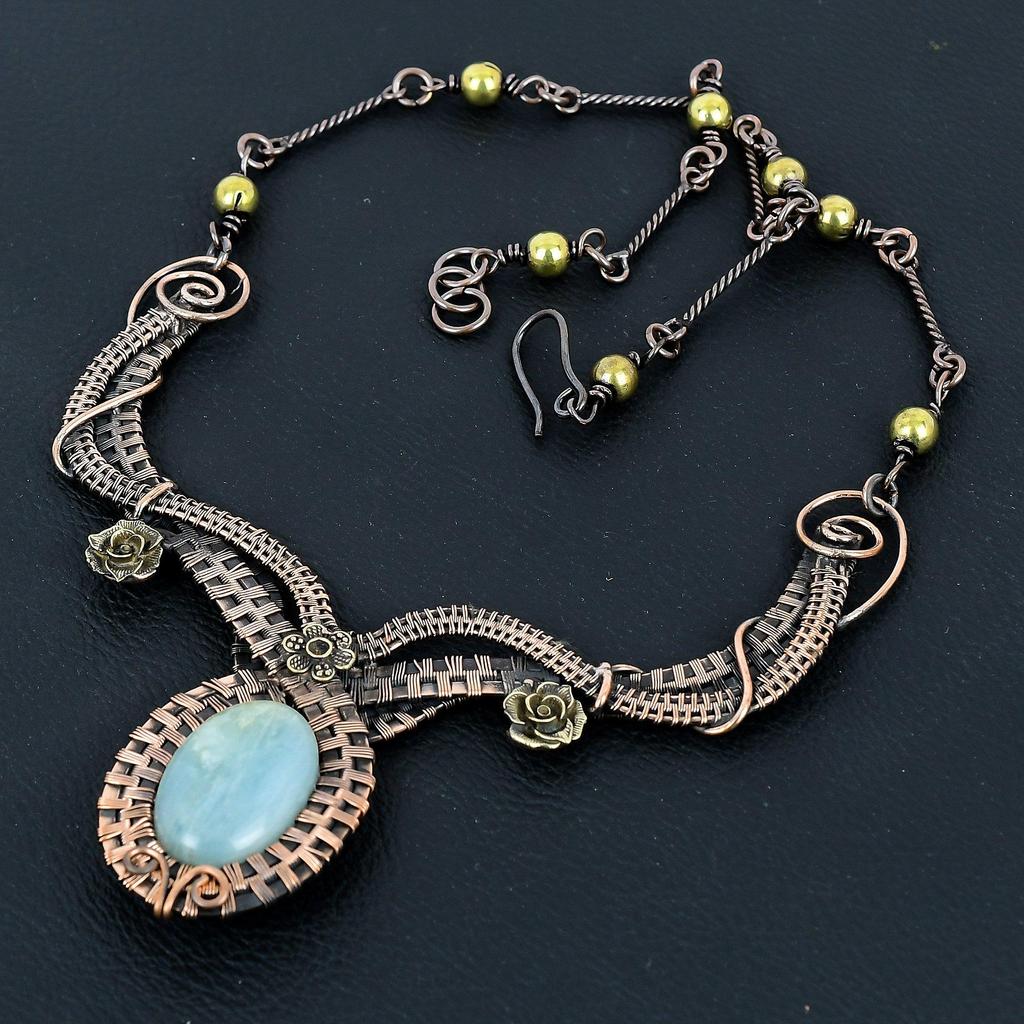 Aquamarine Necklace Handmade Jewelry, 999 Copper Wire Wrapped Necklace Designer Gemstone Jewelry Adjustable Chain Necklace Gift For Mom