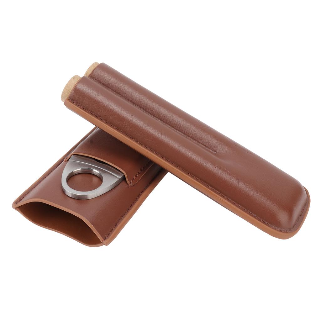 Portable Travel Cigar Case Wear Resistance Leather Cigar Holder with Cigar Clipper for 2 Cigars Business Office