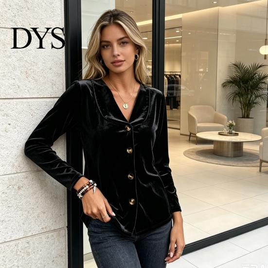 Women Velvet Blouse Fall Shirt, Button Down Long Sleeves Casual Top, Shirt Solid Color Loose for Daily Wear Work