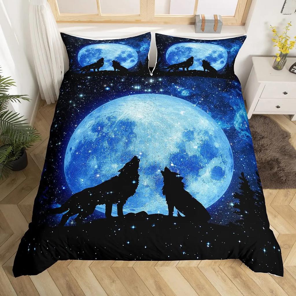 Black Wolf Moon Duvet Cover Set Wolf Howling Bedding Sets for Boys Vintage Oil Paint Wild Animal Bed Sets Purple Blue and Black