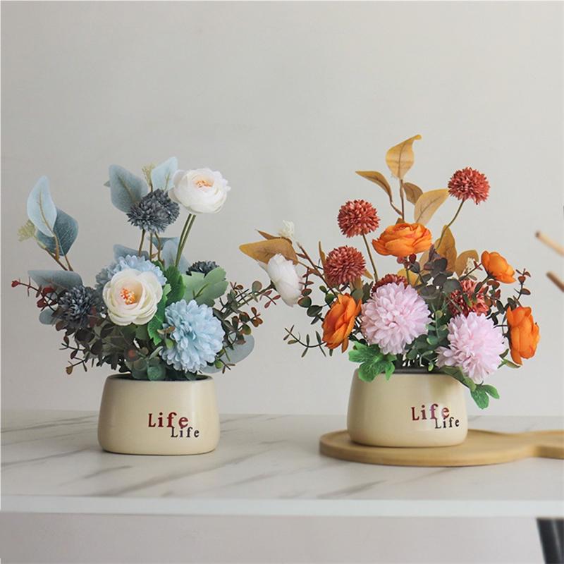 Mini Fake Potted Flowers Artificial Flowers Evergreen Bonsai Potted Ornaments Fake Plants Home Garden Table Decoration
