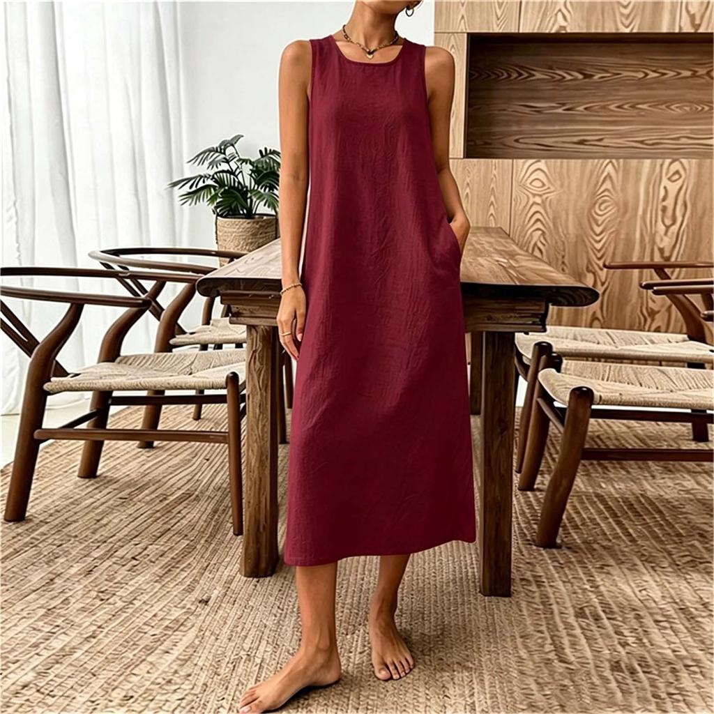 Ärmelloses Damen-Freizeitkleid aus Leinen-Baumwollmischung, Midi, lockere Passform, Rundhalsausschnitt, Sommer-Strandkleid mit Taschen
