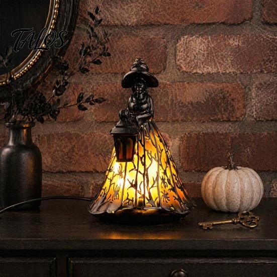 Handmade Gothic Interior Decor Halloween Witch Lamp, Stained Glass Style Table Lamp with Lantern, Retro Hollow Carved Sculpture LED Resin Night Light
