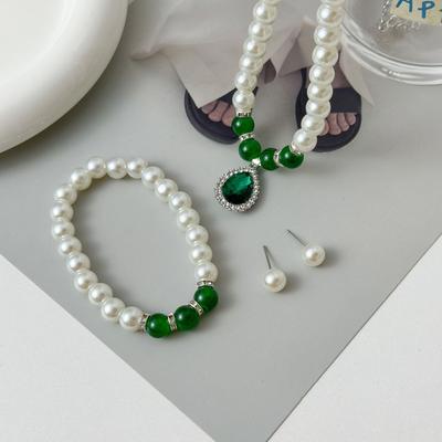 Conjunto de colar e pulseira com pérolas artificiais, pingente de cinto com pérolas, conjunto de três peças para presente de Dia das Mães, conjunto de pérolas para presente.