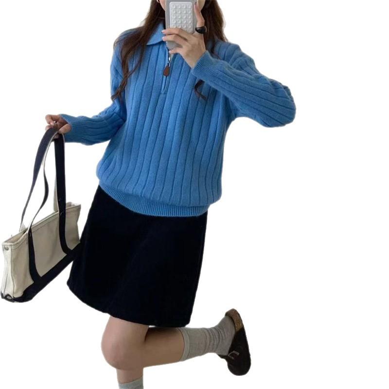 Korean version lapel double zipper pit striped thin knitted cardigan women's autumn and winter new Polo collar versatile sweater women's clothing