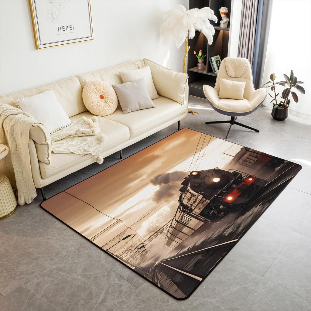 Zug Bereichsteppich für Mädchen Jungen Retro Dampfmaschine Teppich Eisenbahngleis Transport Fußmatte 3D Vintage Fahrzeuge Wohnzimmer Fußmatte