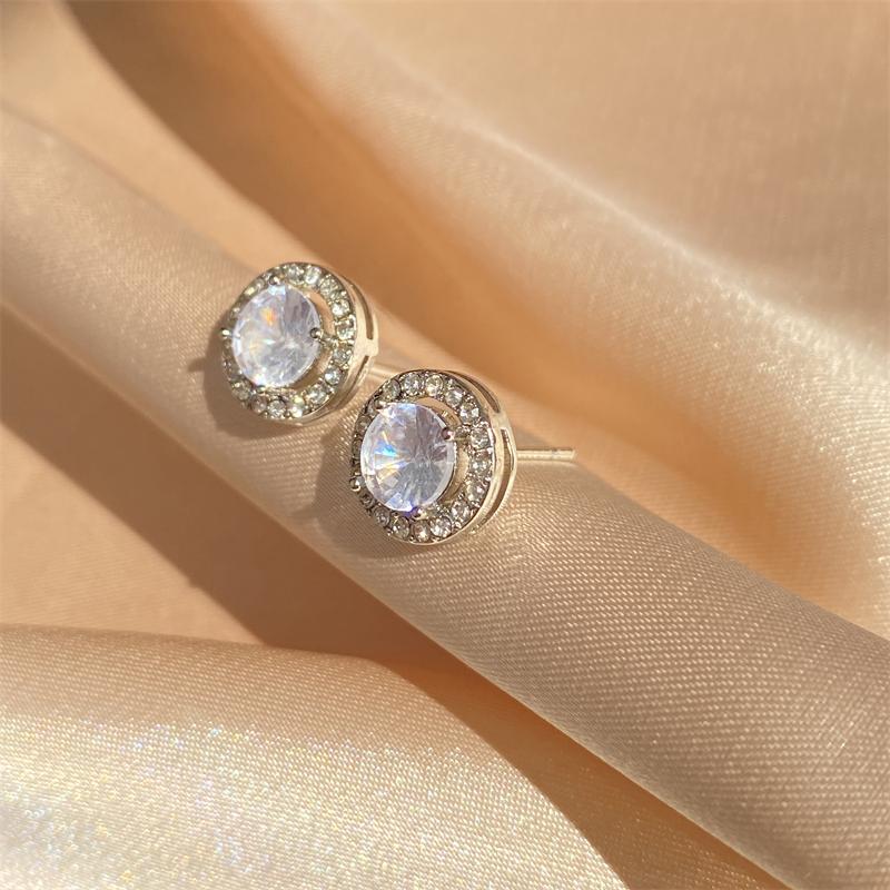 Copper Color Luxury Simple Crystal Cubic Zirconia Stud Earrings for Women Round CZ Wedding Statement Zircon Gifts