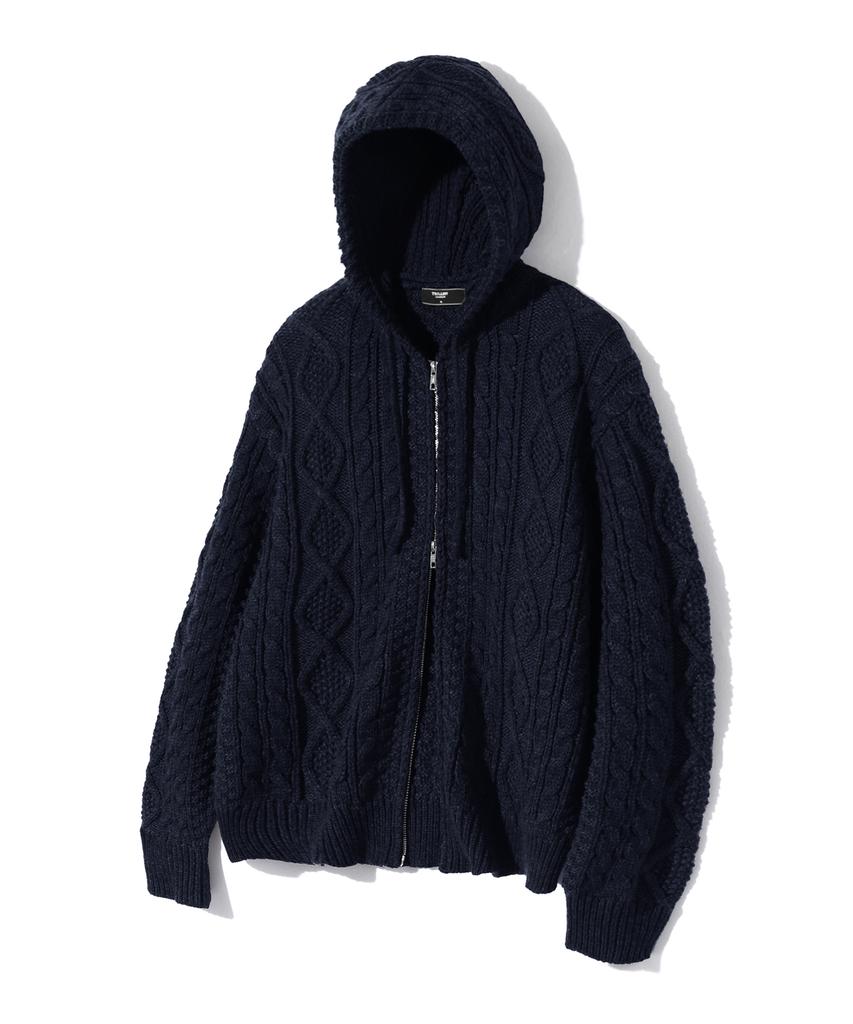 TRILLION Washable Aran Cable Hooded Zip-Up Knit (Current Navy)