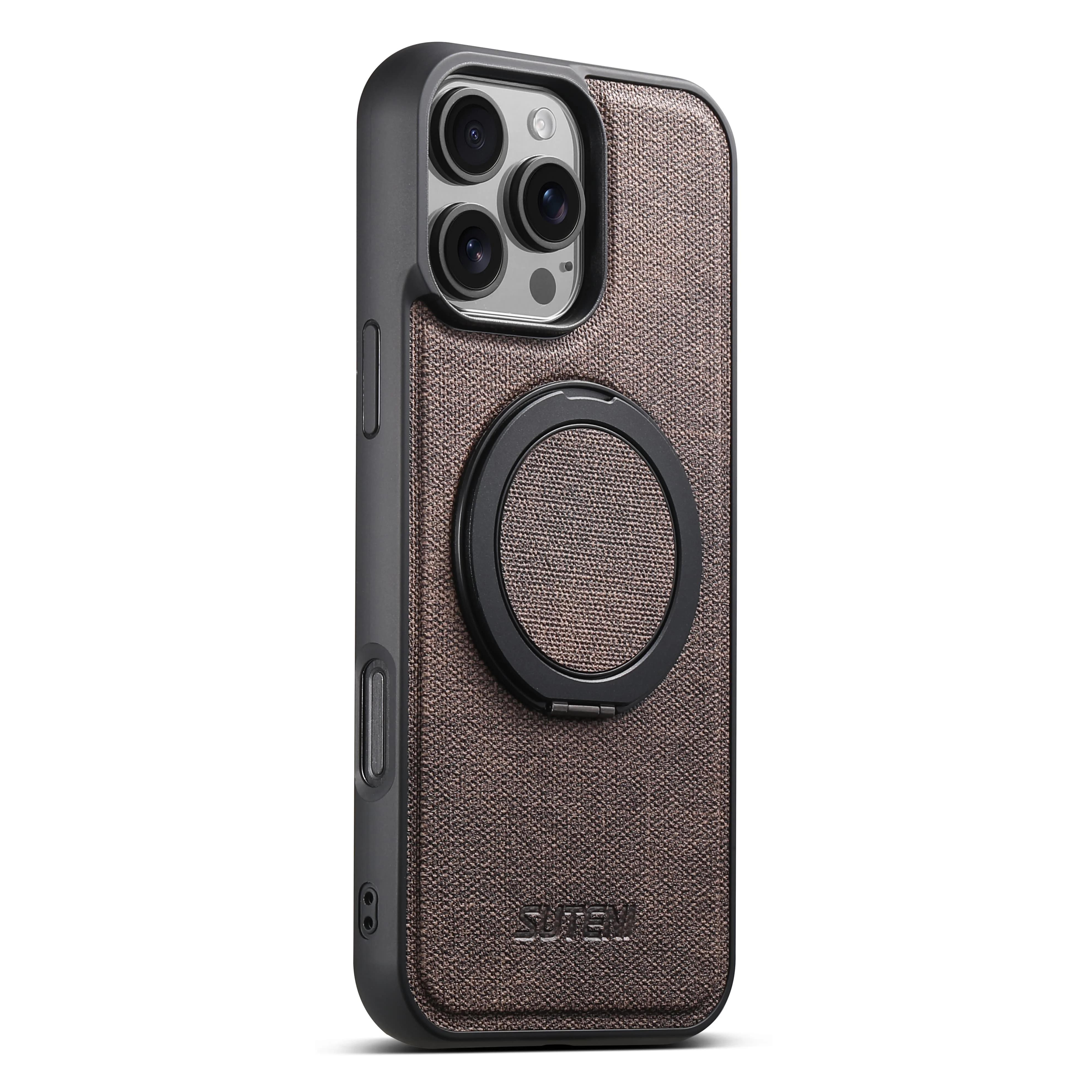 

360° Bracket Magnetic Fabric Denim Pattern Phone Case for IPhone 16 Pro Max 15 Plus 14 13 12 Stand Ring Holder Protective Cover for IPhone 12 коричневий