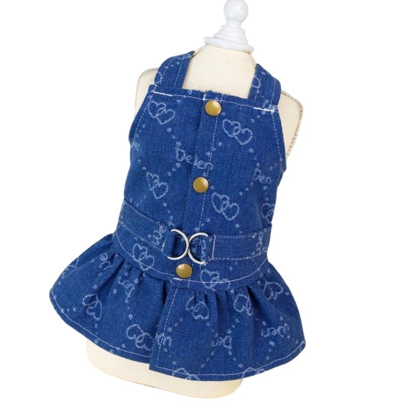 Lovely Dog Dress Blue Jean Type Skirt With Leash Access For Safe Adventure Adorable Look