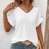 Ladies Summer V Neck Button Short Sleeve Breathable Hollow Solid Color Pullover T Shirt Top