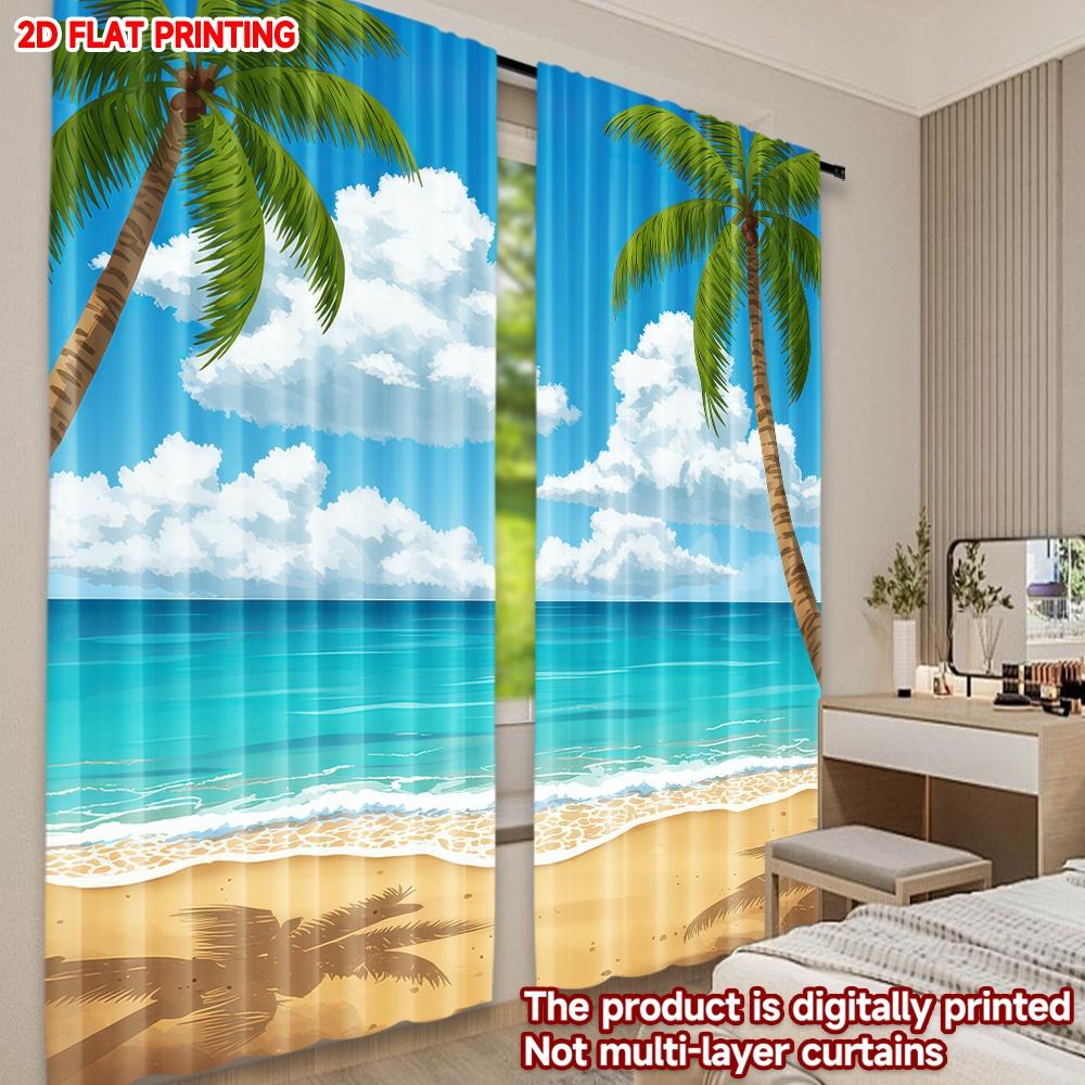 Flat Printing Fashionable Christmas Curtains Beach Palm Trees Digital Printed Polyester Drapes Spring Use Set Of 2 Made