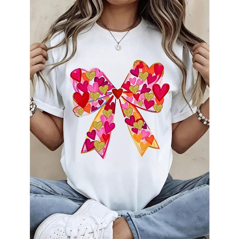 

European Size Women s White Short Sleeve T-Shirt, Colorful Heart Bow Print, Slim Fit Crew Neck, Soft Casual Daily Wear 4XL