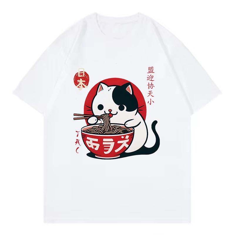 Loose Funny Japanese Cat Eat Ramen T Shirts Men Women Cat Tshirt Round Neck Short Sleeve Trendy Tee Shirt Streetwear