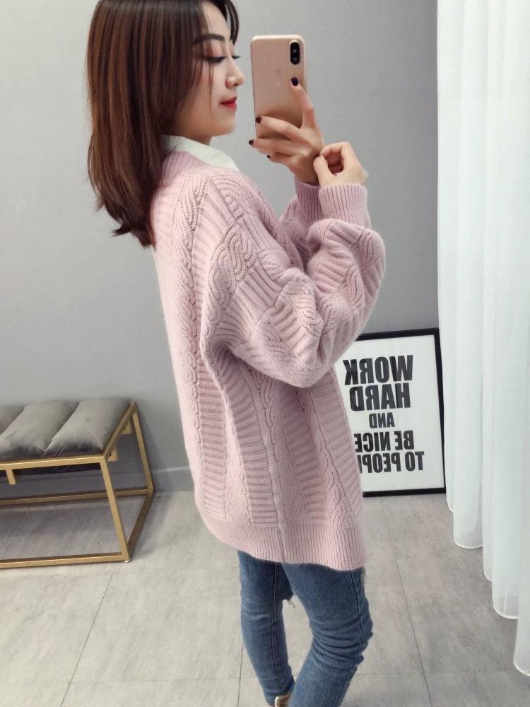 Women's Lantern Sleeve Knitted Cardigan - 2026 Autumn New Style, Solid Color, Versatile, Loose Fit Sweater