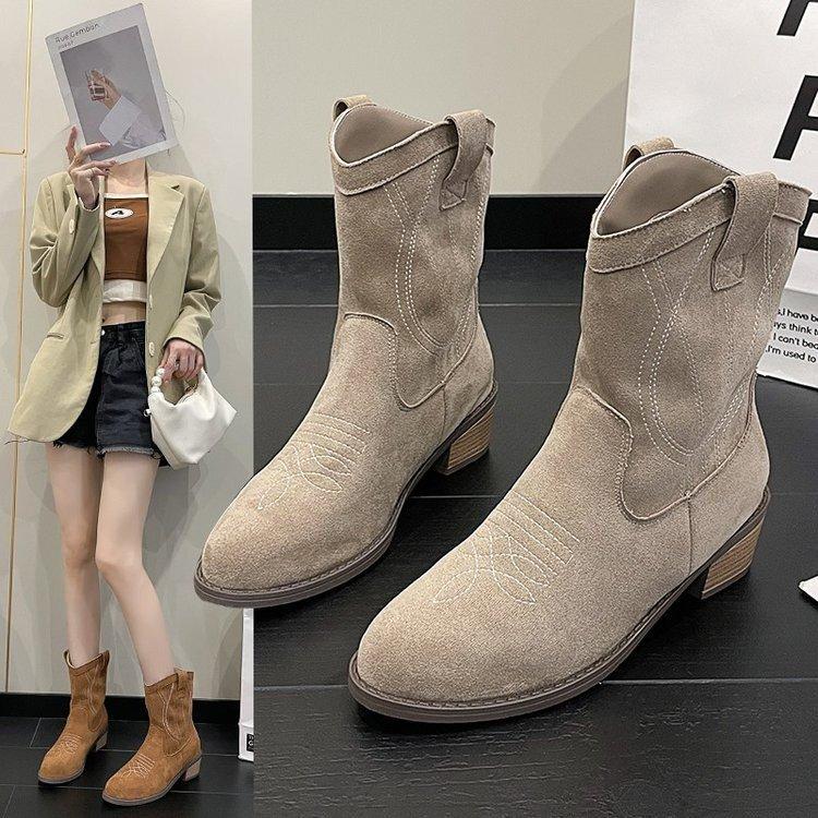 Color-rubbing medium tube square and pointed fashion boots autumn and winter new models go out retro style versatile V-mouth women's boots