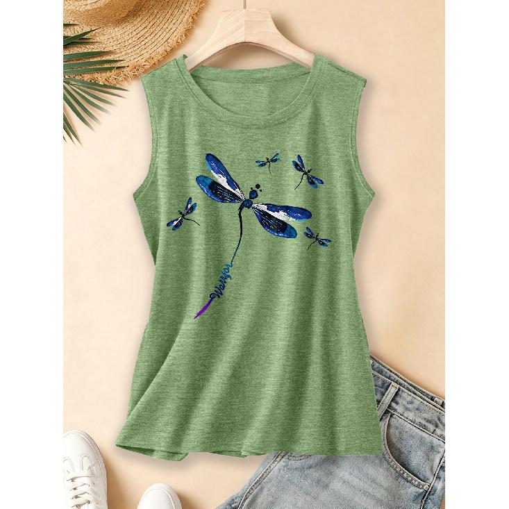 2026 New spring, summer, and autumn women's round-neck design Gradient blue and purple ink painting with multiple dragonflies, sleeveless vest for