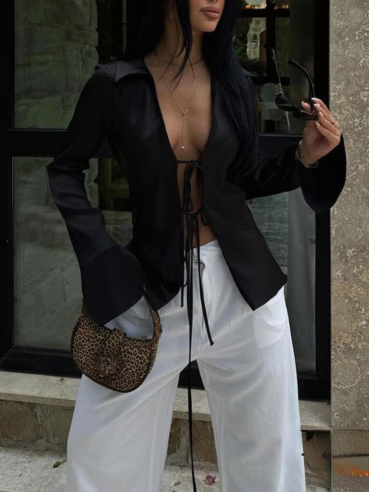 

Модная повседневная свободная рубашка с длинными рукавами с лацканами, женская винтажная шикарная натуральная однотонная топы на шнуровке, женская эстетичная тонкая блузка с бантом