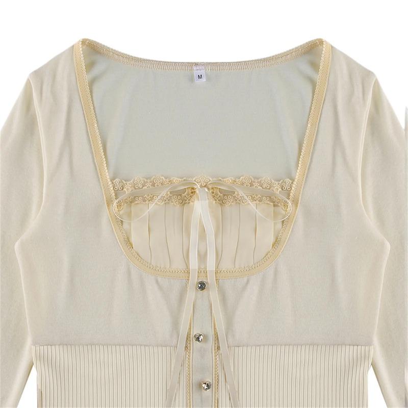 Y2K Kawaii Korean Clothing Cute Retro Cotton Tops Lace Patchwork Buttons Kawaii Tshirts Autumn Square Collar Chic Casual Shirts