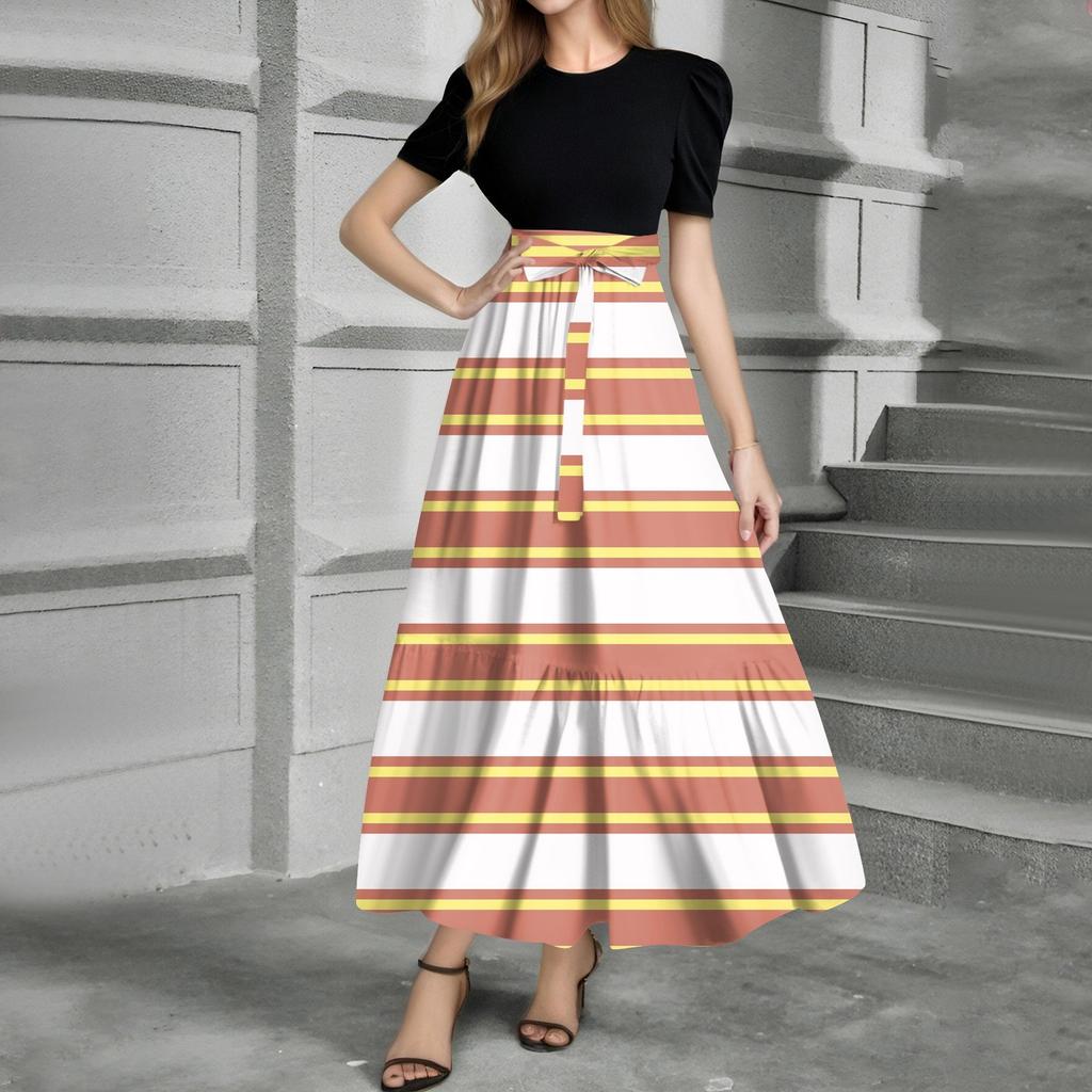 Women's Fashion Casual Belt Short Sleeve Round Neck Print Stitching Elegant Temperament Dress