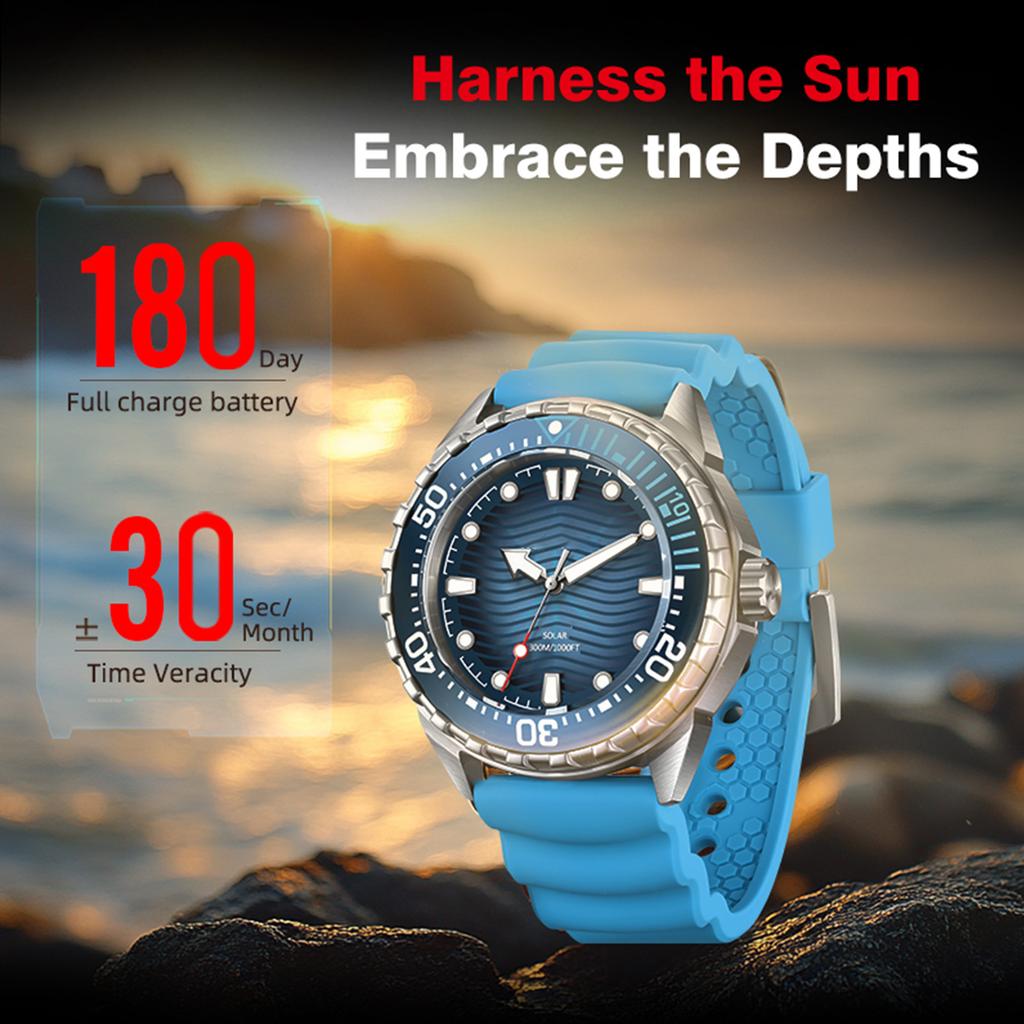 Solarbetriebene Quarz-Tauchuhr Nachtleuchtend 300M Wasserdicht Silikonarmband für Herren Damen Blau